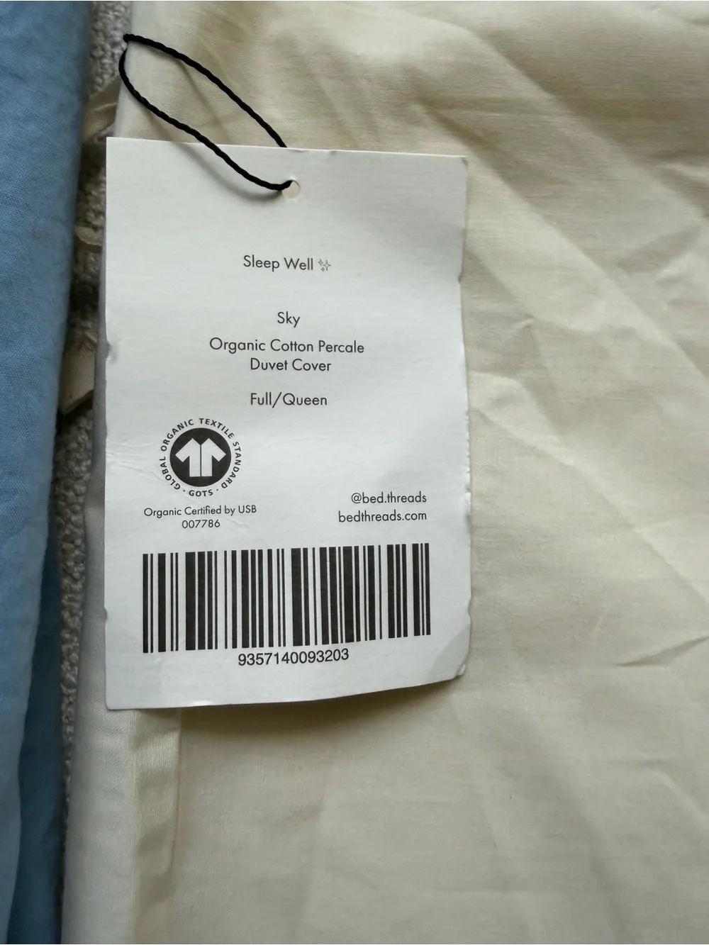 Bed Threads Sky Blue Full-Queen Duvet Cover Organic Cotton Percale EUC with Tag
